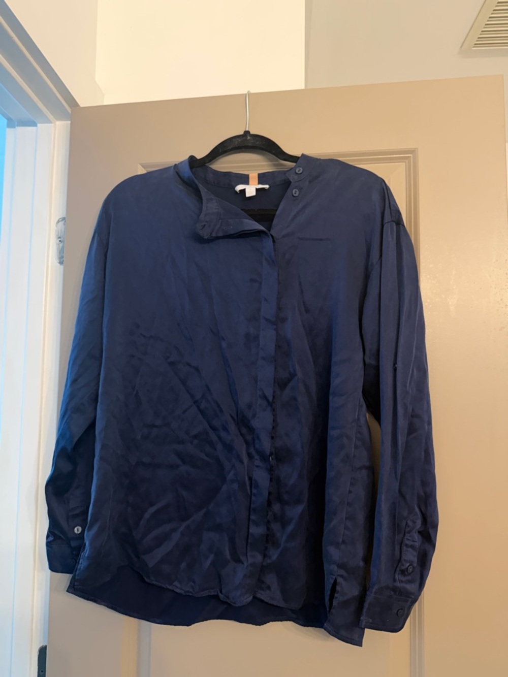 Lunya long sleeve button up silk top in blue